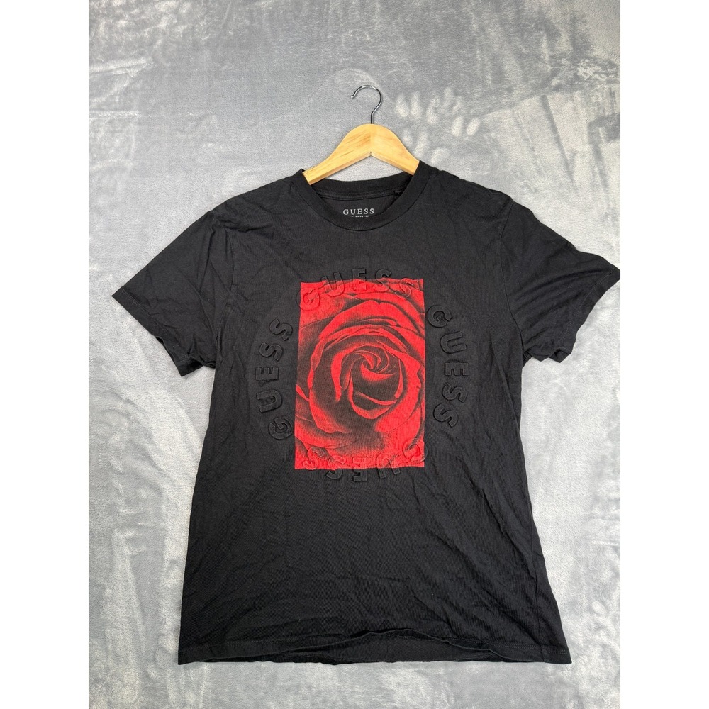 Guess Mens Medium Black Red Rose Graphic Logo Short Sleeve T Shirt T1BI98KAK90
